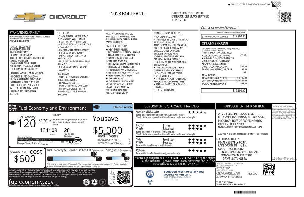 used 2023 Chevrolet Bolt EV car, priced at $21,256