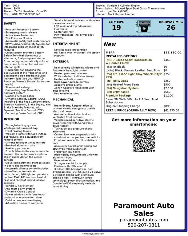 used 2012 BMW Z4 car, priced at $19,990