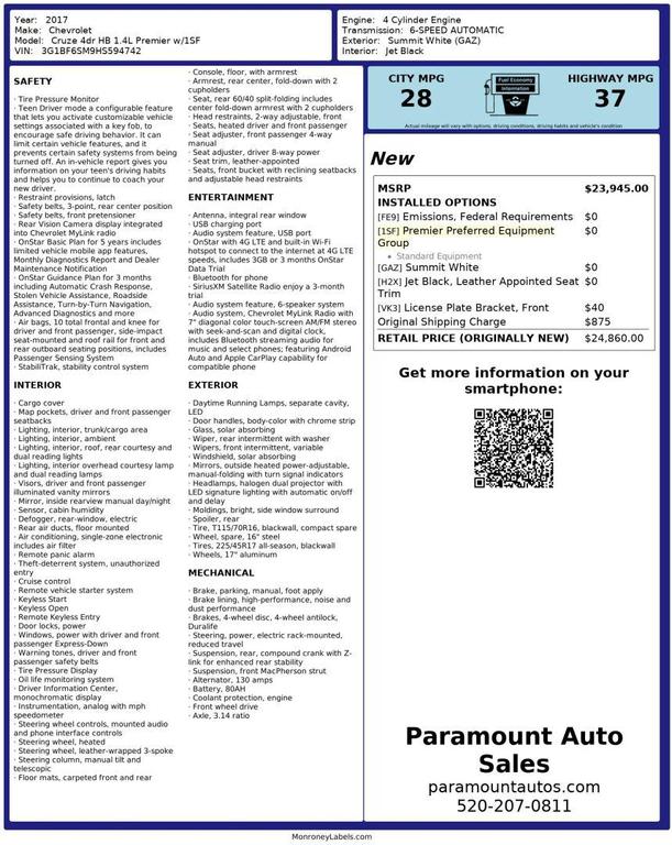 used 2017 Chevrolet Cruze car, priced at $9,990