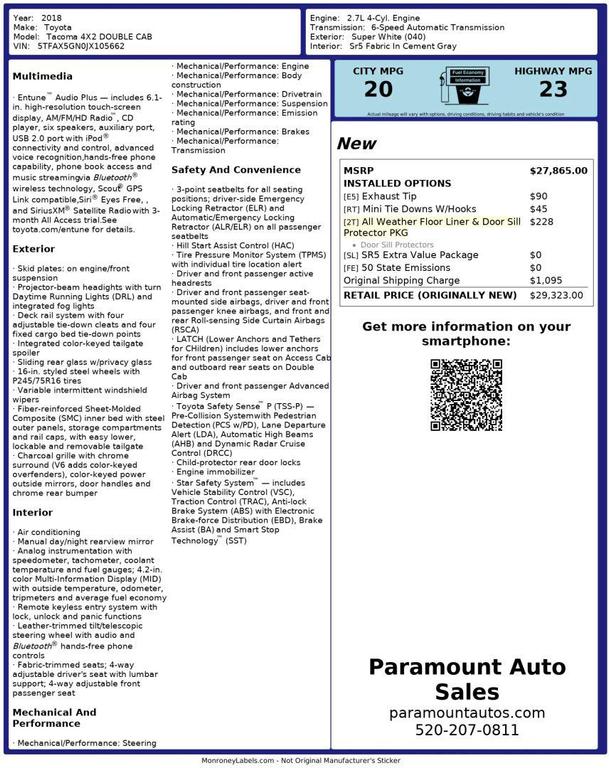 used 2018 Toyota Tacoma car, priced at $21,990