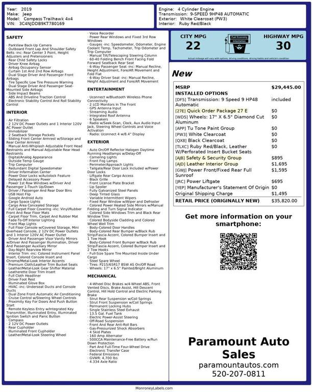 used 2019 Jeep Compass car, priced at $15,990