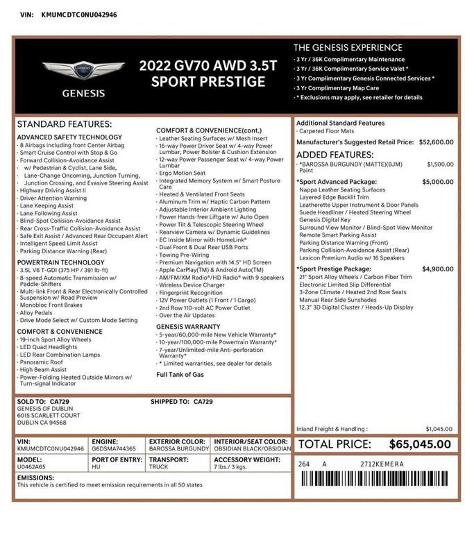 used 2022 Genesis GV70 car, priced at $32,990