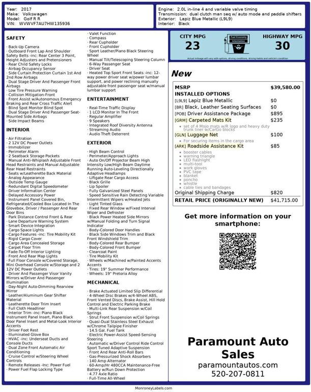 used 2017 Volkswagen Golf R car, priced at $20,990
