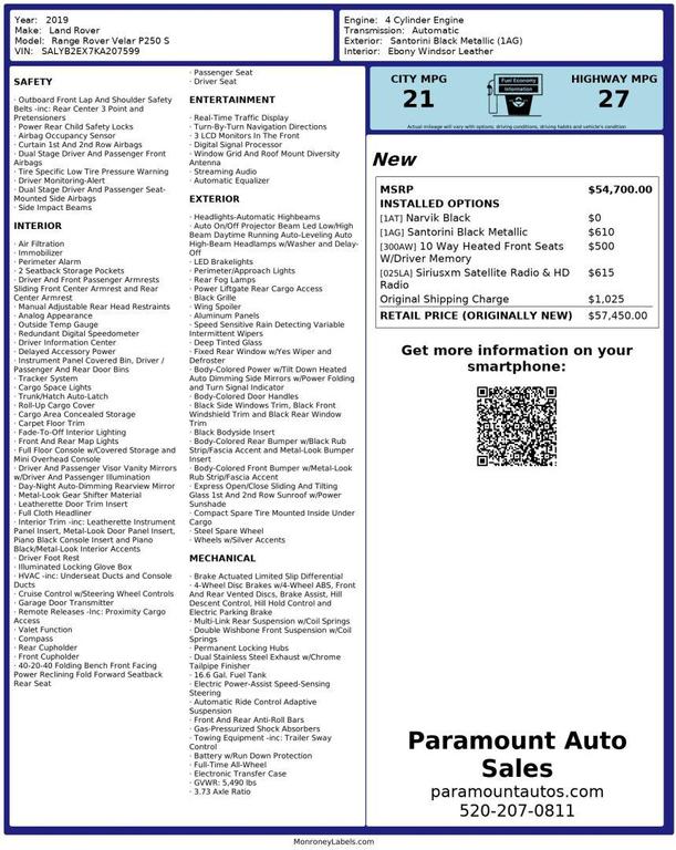 used 2019 Land Rover Range Rover Velar car, priced at $18,990