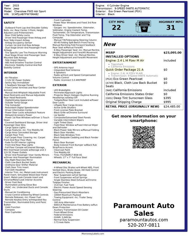 used 2015 Jeep Cherokee car, priced at $8,990