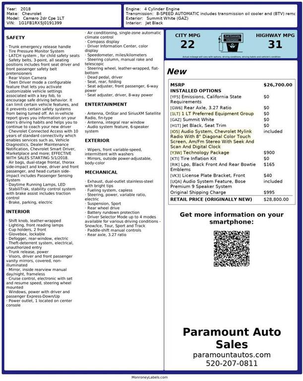 used 2018 Chevrolet Camaro car, priced at $15,990