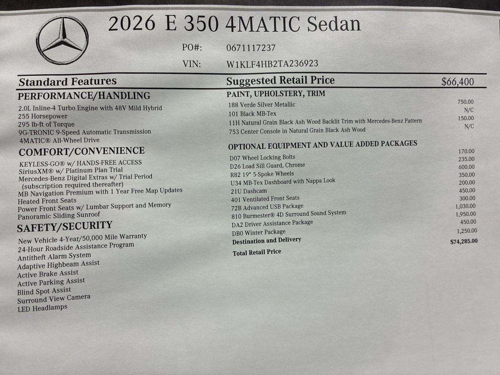 new 2026 Mercedes-Benz E-Class car, priced at $74,285