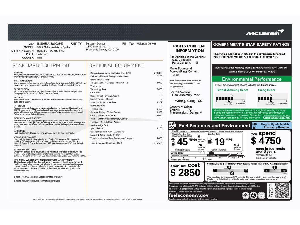 new 2025 McLaren Artura car, priced at $315,508