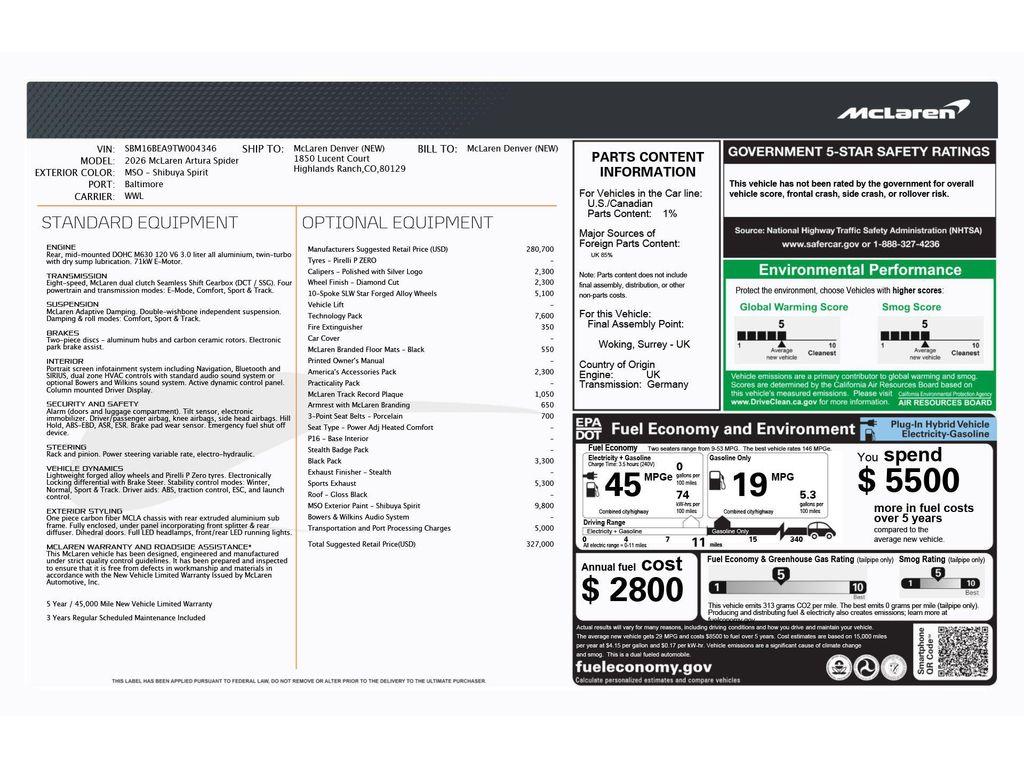 new 2026 McLaren Artura car, priced at $327,000
