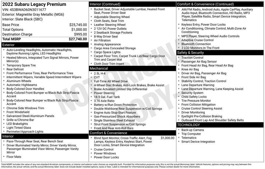 used 2022 Subaru Legacy car, priced at $19,995