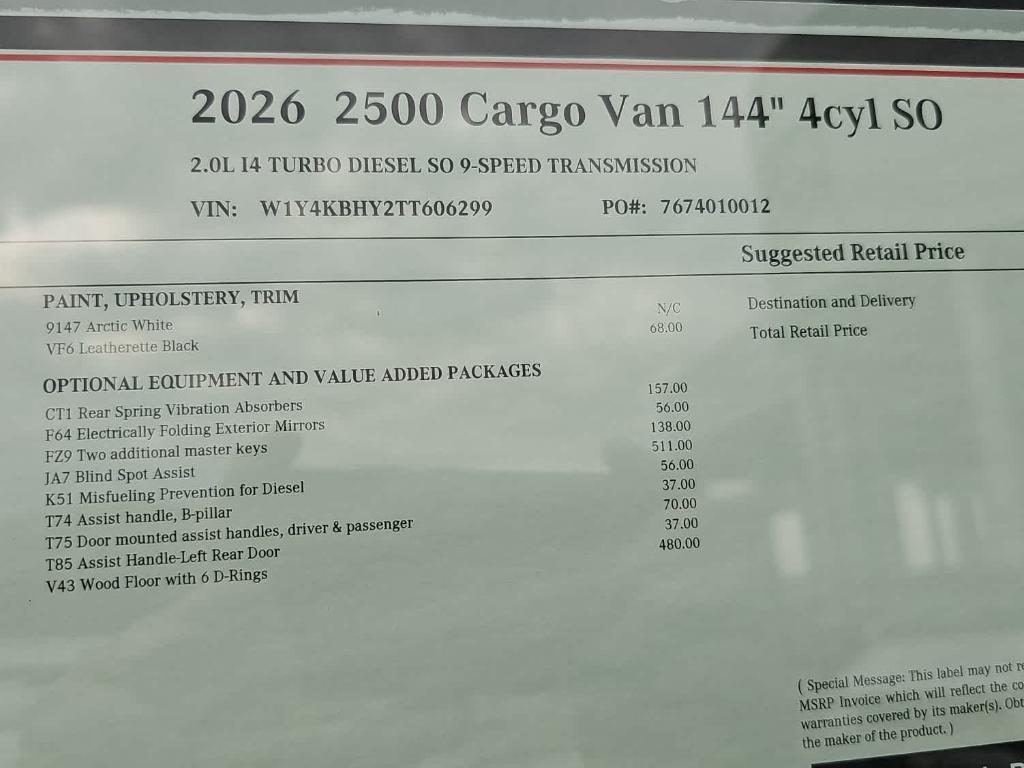 new 2026 Mercedes-Benz Sprinter 2500 car, priced at $54,735