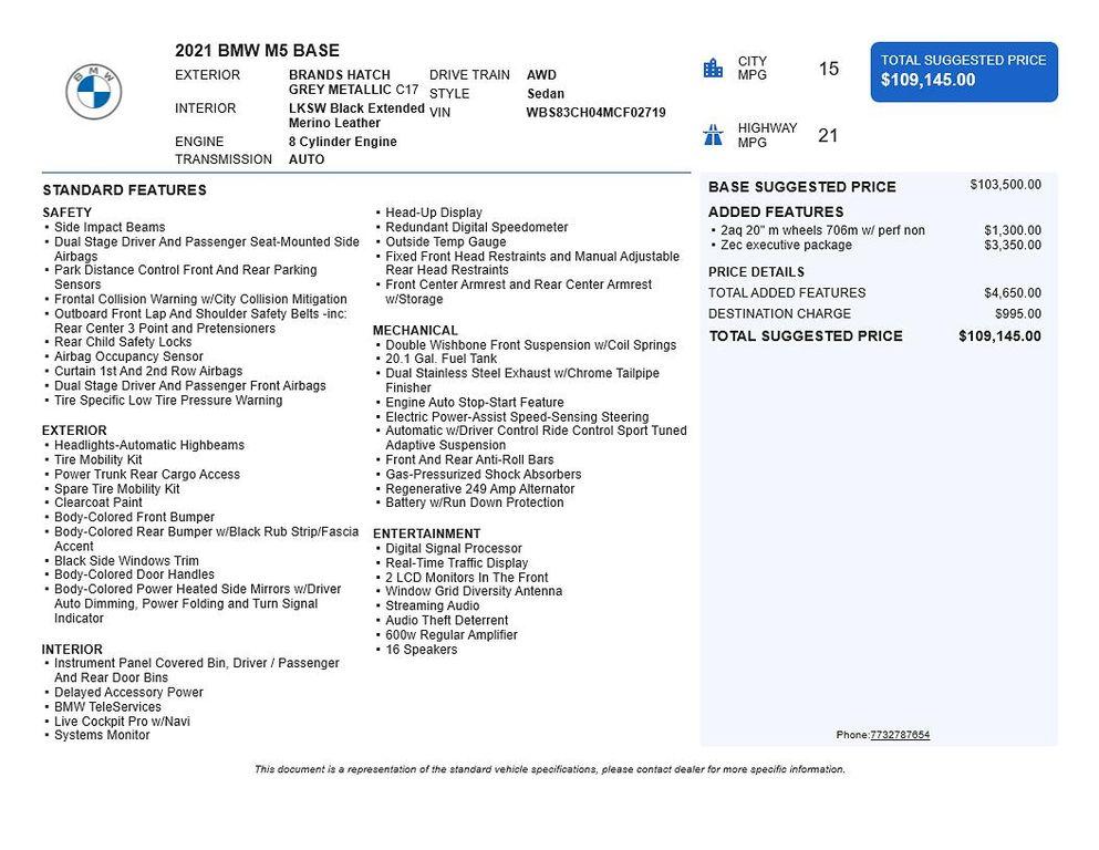 used 2021 BMW M5 car, priced at $56,372