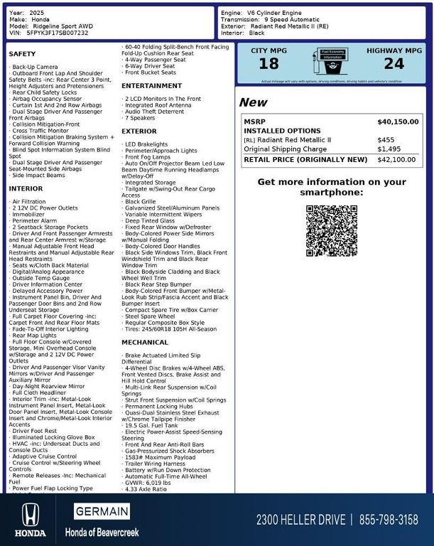 used 2025 Honda Ridgeline car, priced at $33,252