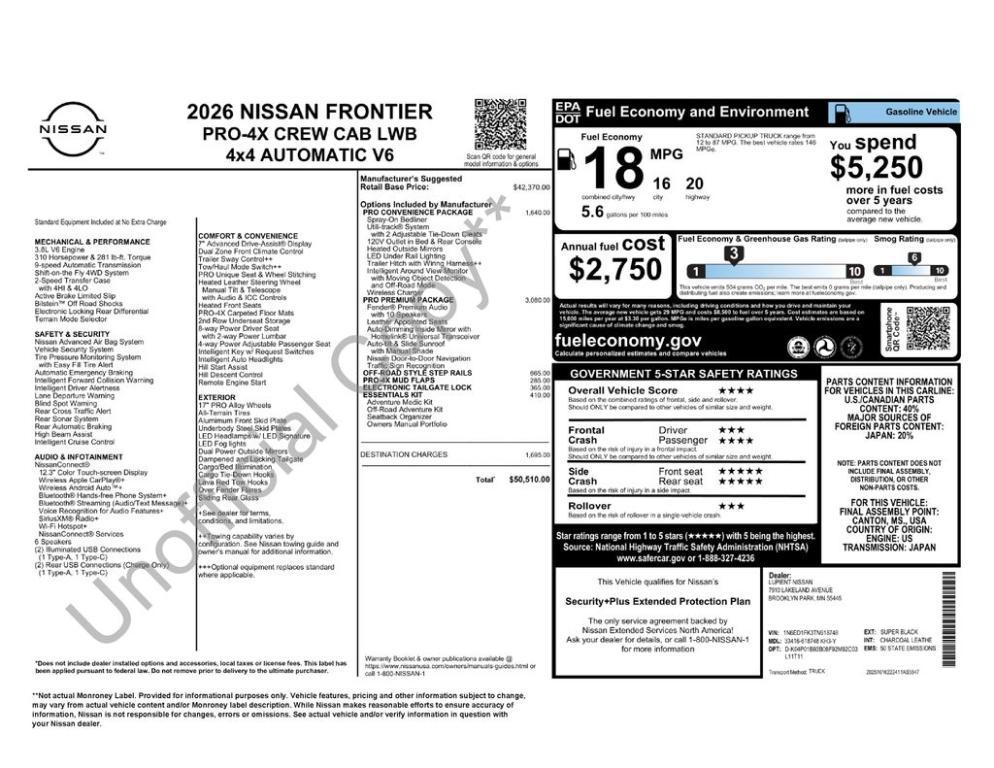 new 2026 Nissan Frontier car, priced at $47,106