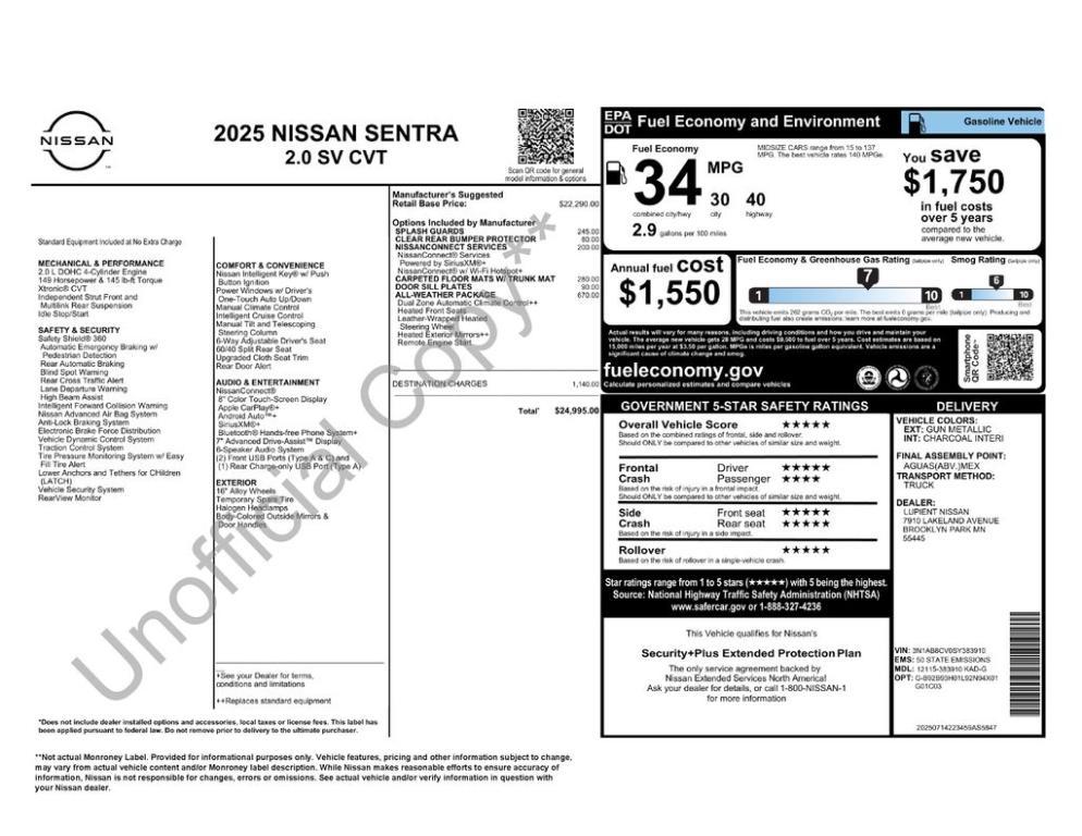 new 2025 Nissan Sentra car, priced at $23,143