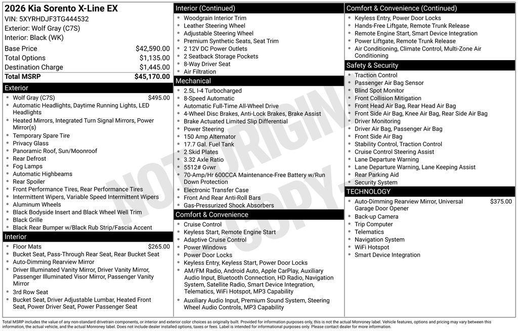 new 2026 Kia Sorento car, priced at $42,570