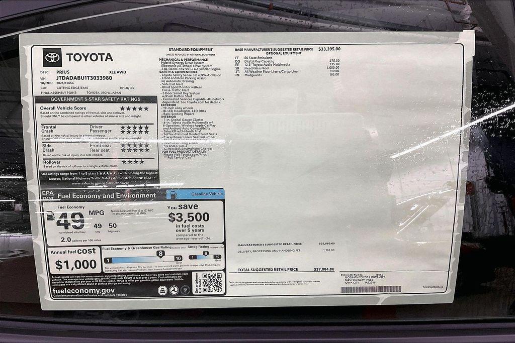 new 2026 Toyota Prius car, priced at $35,417