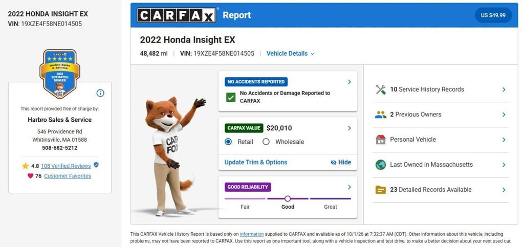 used 2022 Honda Insight car, priced at $23,296