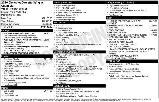 new 2026 Chevrolet Corvette car, priced at $94,053