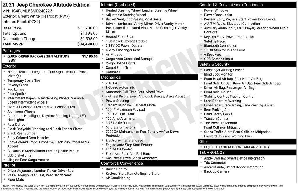 used 2021 Jeep Cherokee car, priced at $17,355