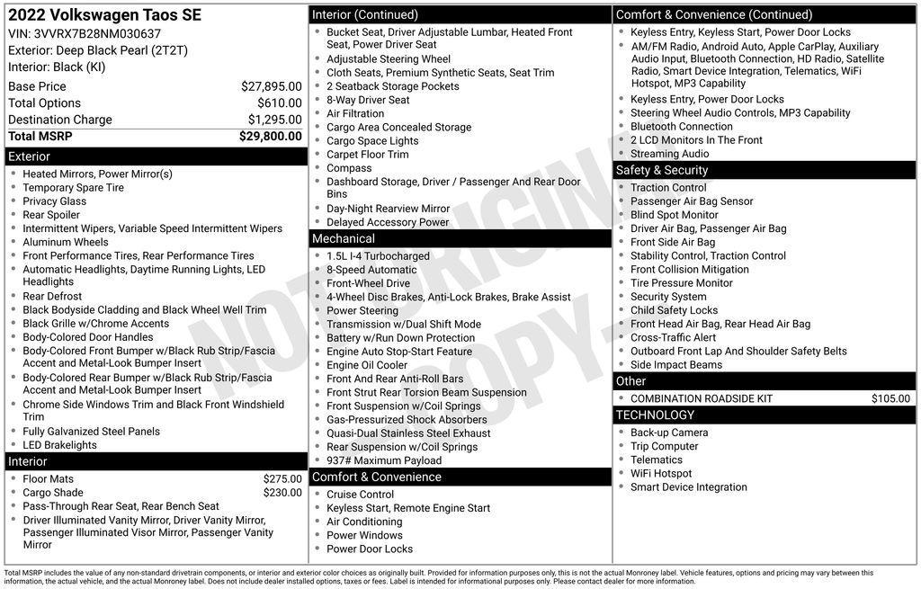 used 2022 Volkswagen Taos car, priced at $20,665
