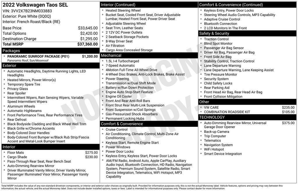 used 2022 Volkswagen Taos car, priced at $22,485