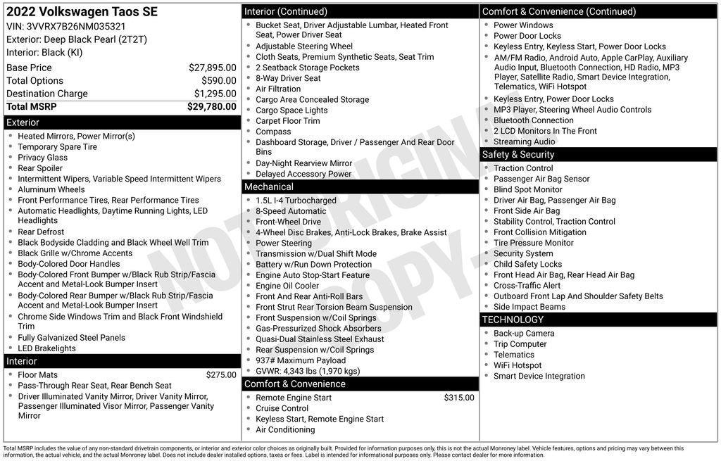 used 2022 Volkswagen Taos car, priced at $19,545