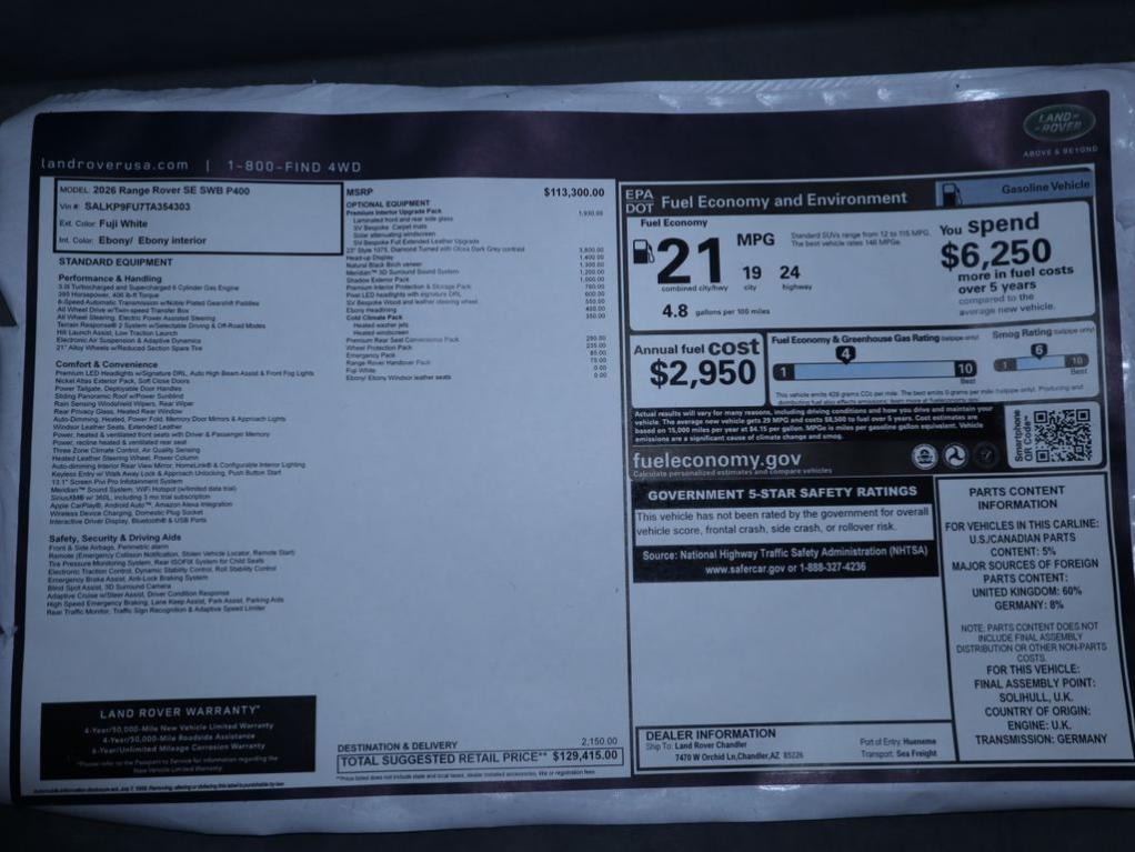 new 2026 Land Rover Range Rover car, priced at $129,415