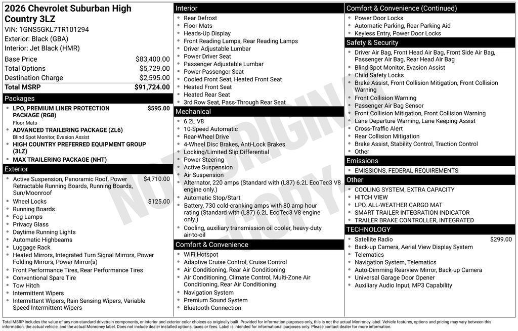 new 2026 Chevrolet Suburban car, priced at $88,574