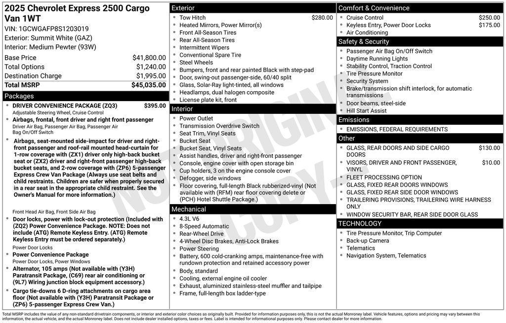 new 2025 Chevrolet Express 2500 car, priced at $45,150