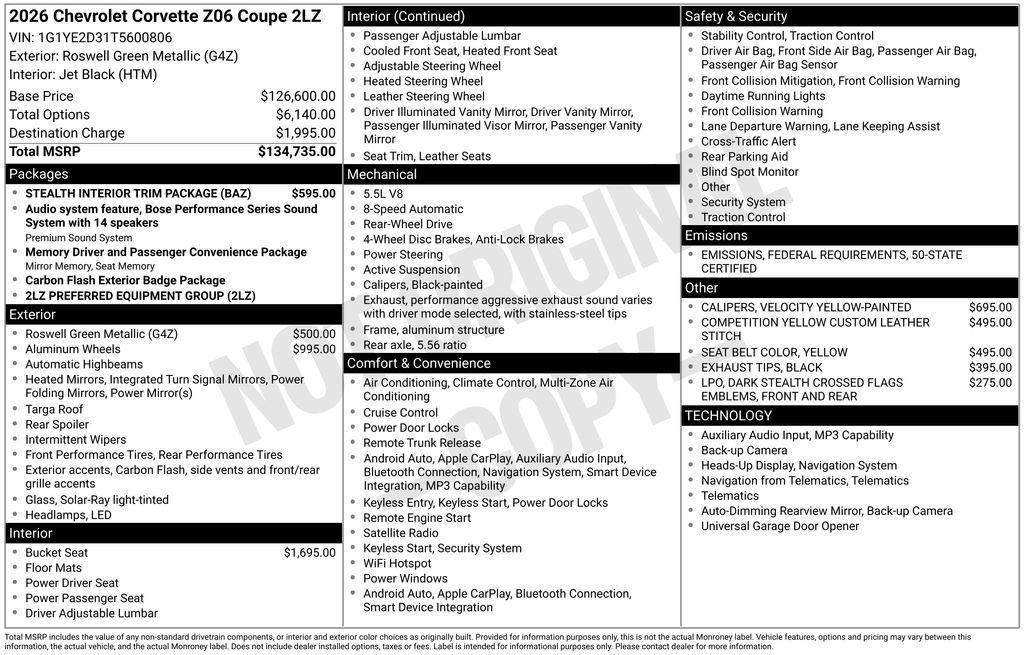 new 2026 Chevrolet Corvette car, priced at $132,335