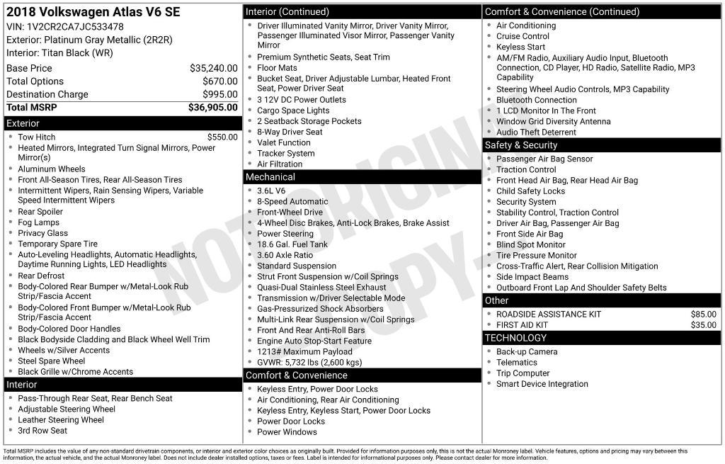 used 2018 Volkswagen Atlas car, priced at $16,498
