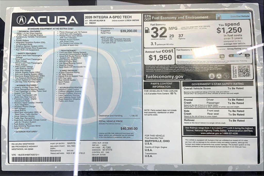 new 2026 Acura Integra car, priced at $40,395