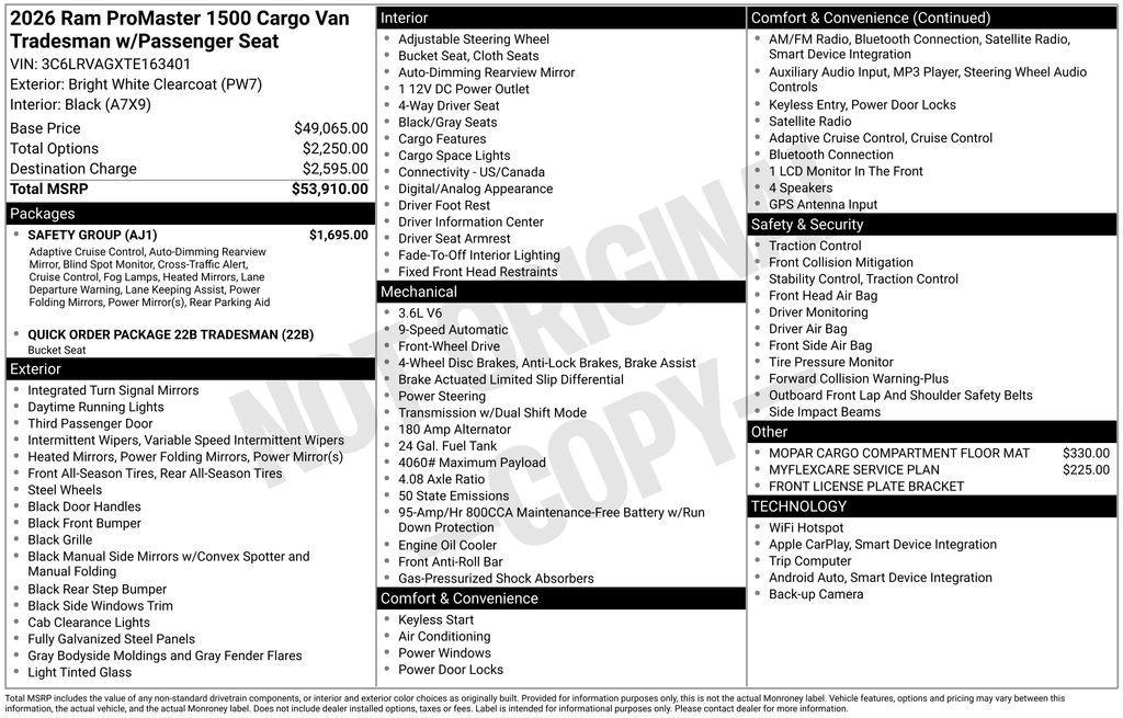 new 2026 Ram ProMaster 1500 car, priced at $44,977