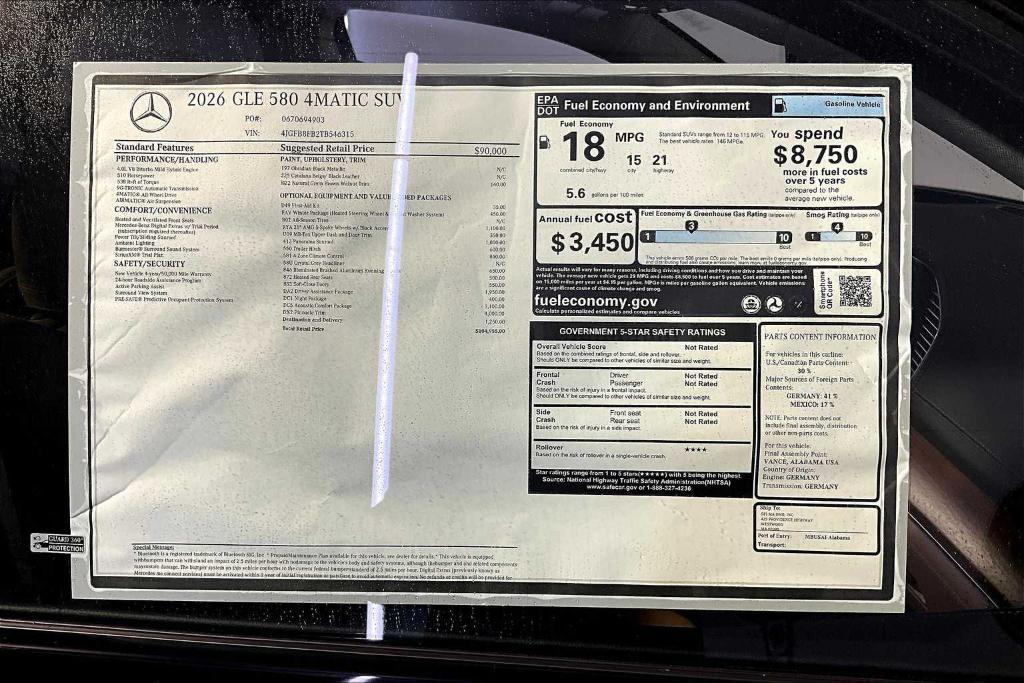 new 2026 Mercedes-Benz GLE 580 car, priced at $104,955