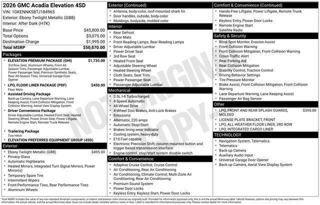 new 2026 GMC Acadia car, priced at $49,336