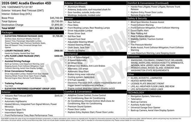 new 2026 GMC Acadia car, priced at $49,915