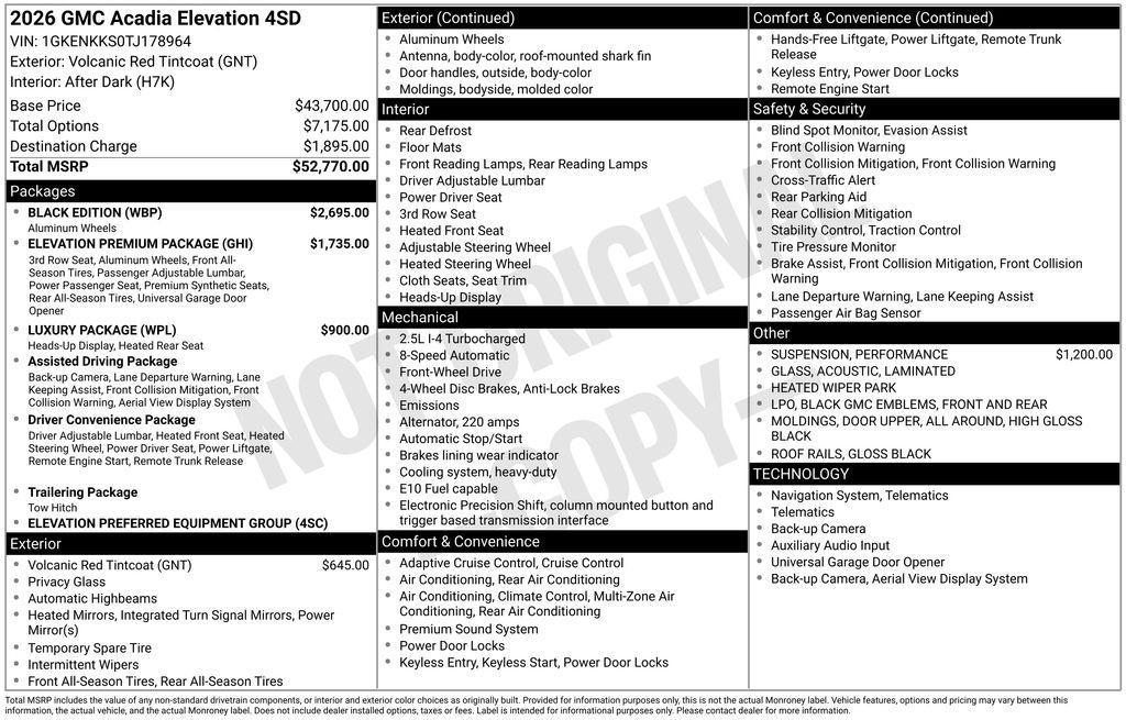 new 2026 GMC Acadia car, priced at $50,264