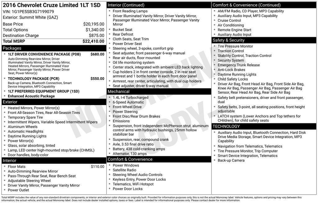 used 2016 Chevrolet Cruze Limited car, priced at $9,975