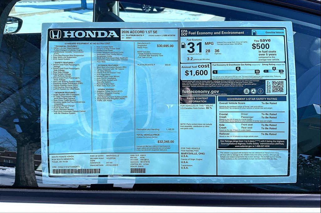 new 2026 Honda Accord car, priced at $30,809