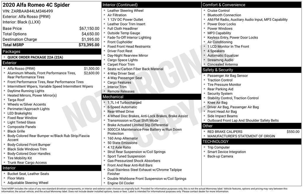 used 2020 Alfa Romeo 4C Spider car, priced at $69,078
