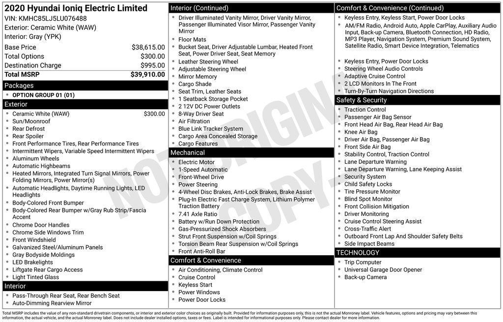 used 2020 Hyundai Ioniq EV car, priced at $12,350