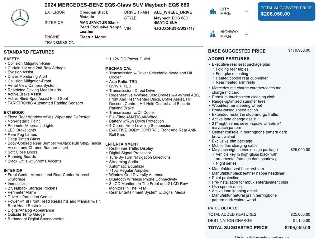 used 2024 Mercedes-Benz Maybach EQS 680 car, priced at $117,900