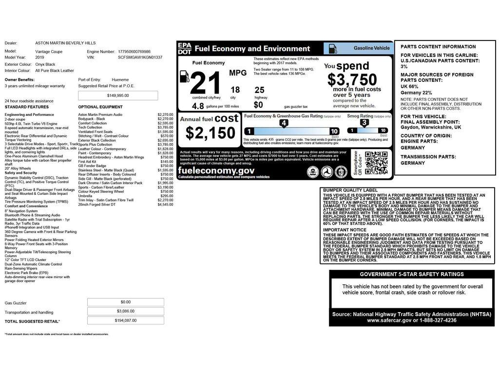 used 2019 Aston Martin Vantage car, priced at $92,500