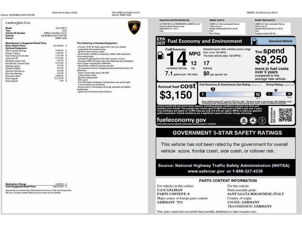 used 2022 Lamborghini Urus car, priced at $197,900