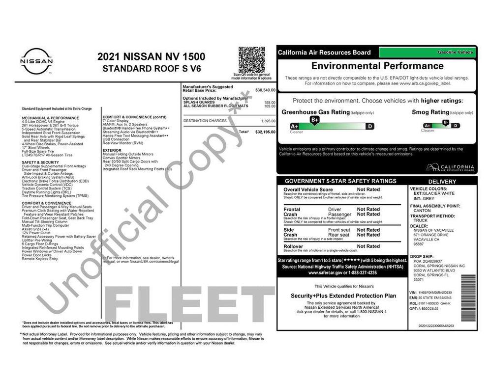 used 2021 Nissan NV Cargo NV1500 car, priced at $14,493