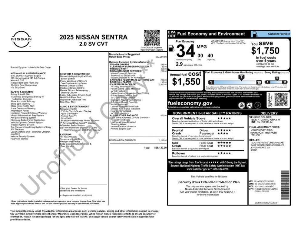 new 2025 Nissan Sentra car, priced at $24,221