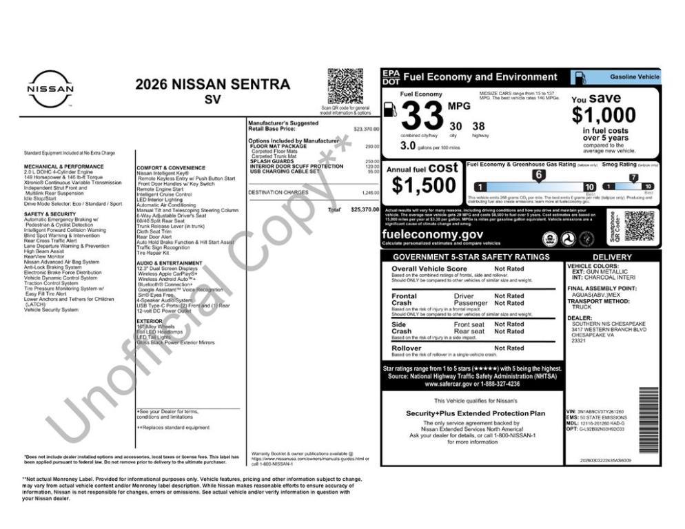 new 2026 Nissan Sentra car, priced at $23,006