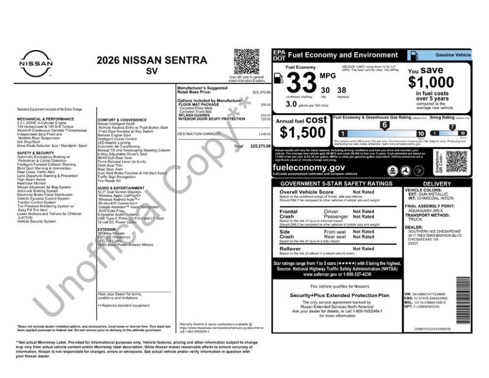 new 2026 Nissan Sentra car, priced at $22,725