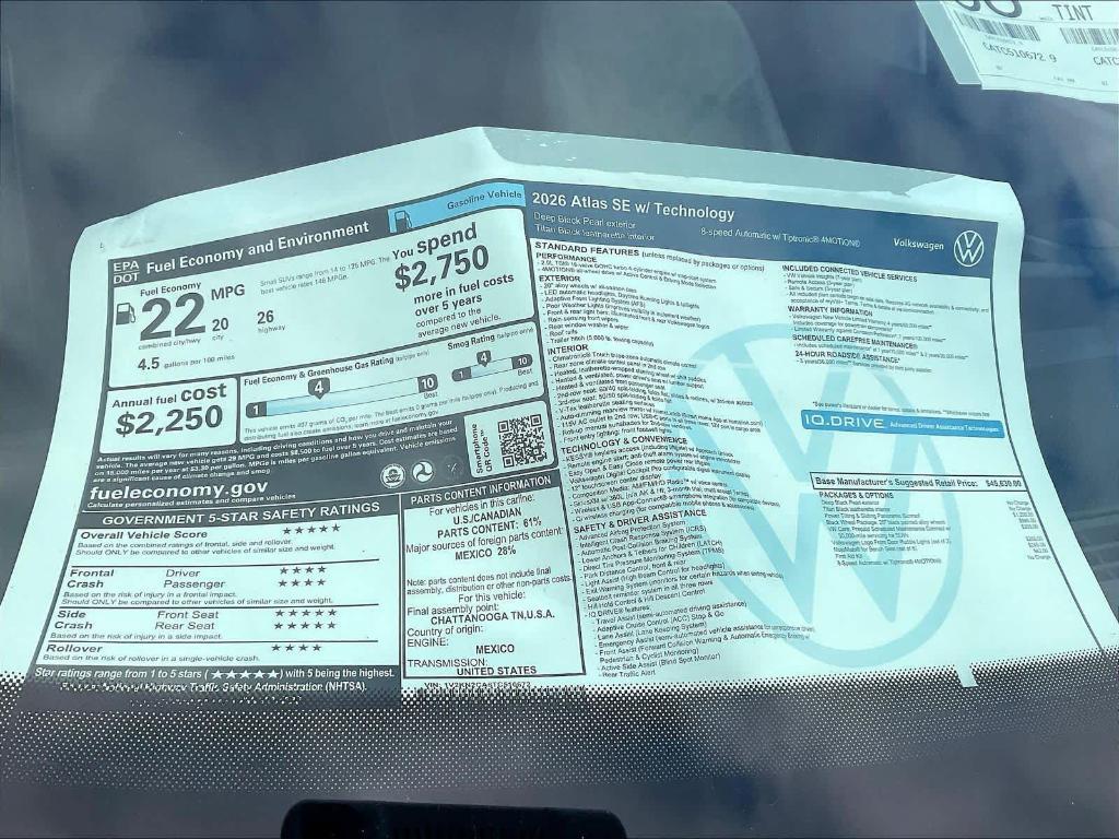new 2026 Volkswagen Atlas car, priced at $44,853